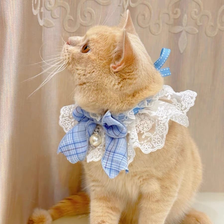 レースチェックリボン<ブルー> エプロン リボン 猫 付け襟 | nyanpets レースチェックリボン<ブルー> エプロン リボン 猫 付け襟 | nyanpets