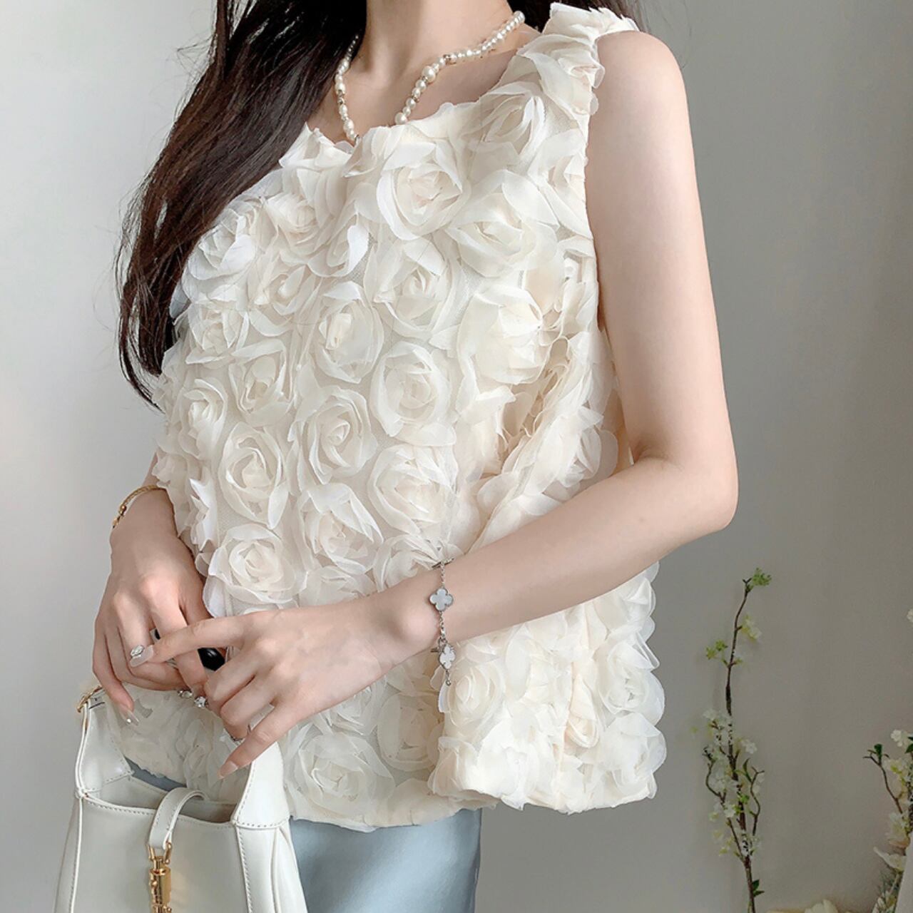 ローズ チュール ノースリーブ トップス