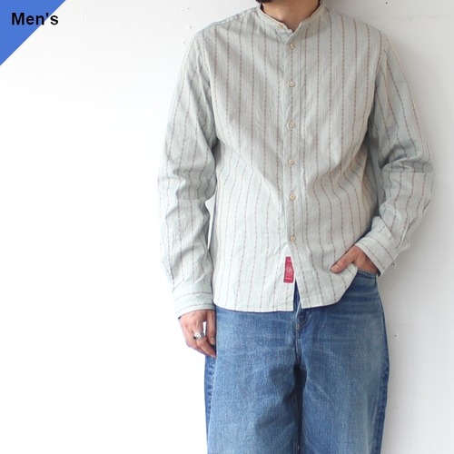 PREQUEL ストライプスタンドアップカラーシャツ Stand-up Collar Shirt　（Blue）