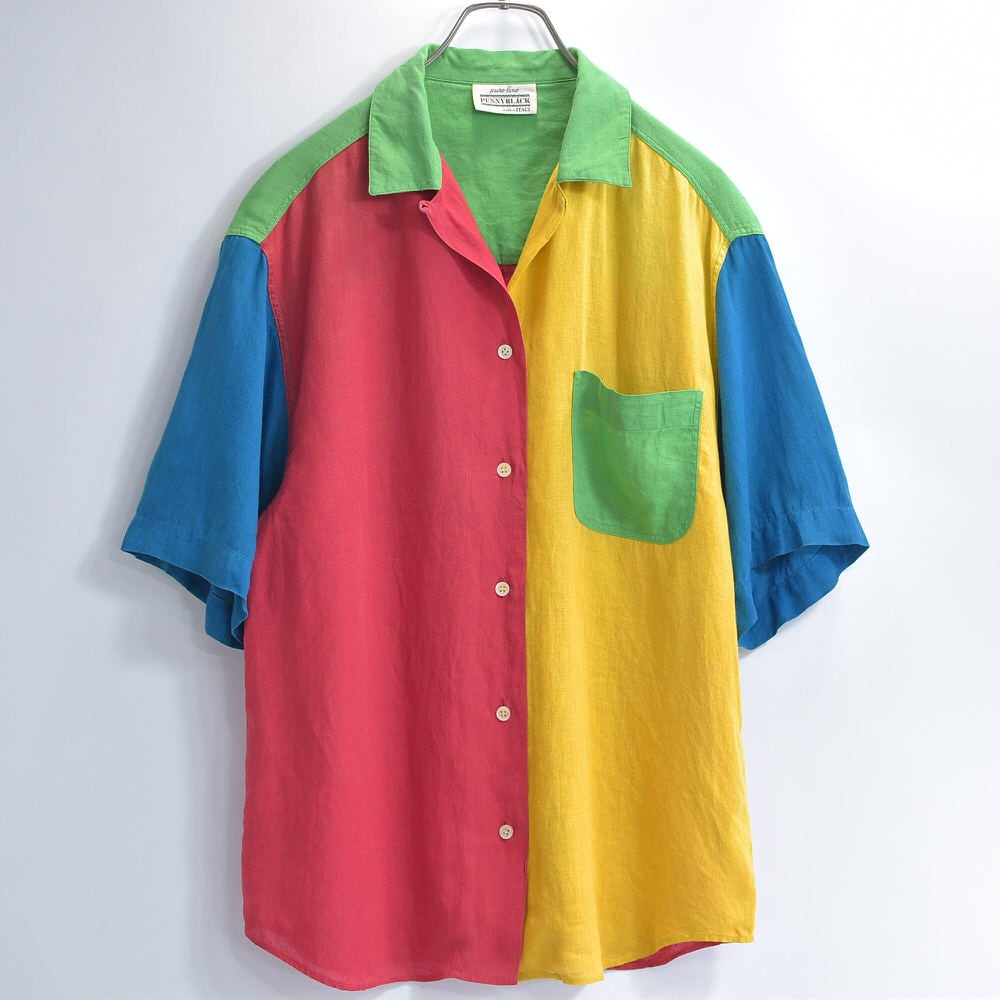 90s 80s 開襟シャツ アフリカンインディゴ 系 ボーリングシャツ E925 シャツ 「SOEMDIFF」ワンポイント長袖デニムシャツ メンズ ウエスタン