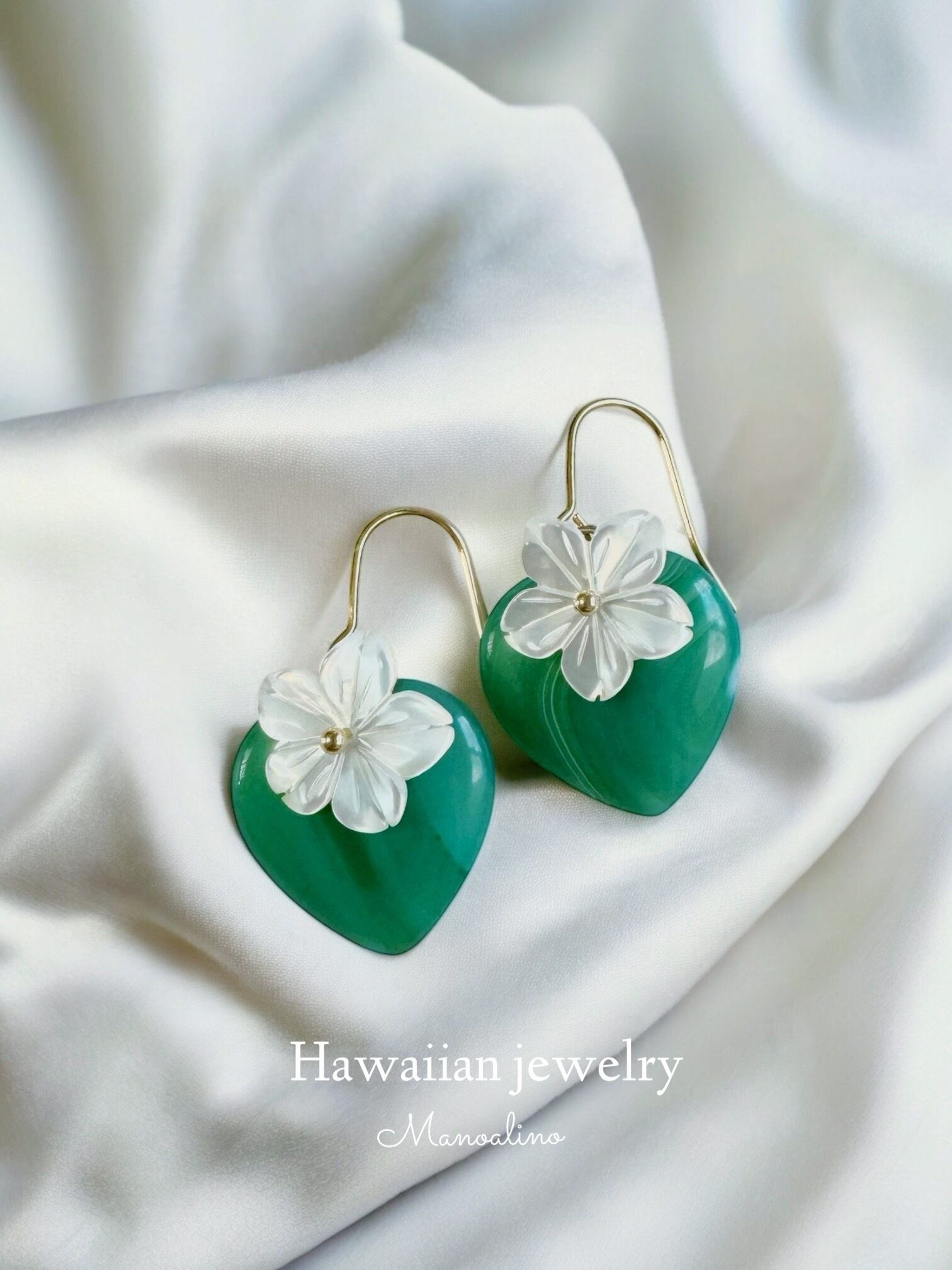 Heart Green Agate×Plumeria earring(ハートグリーンアゲート瑪瑙 