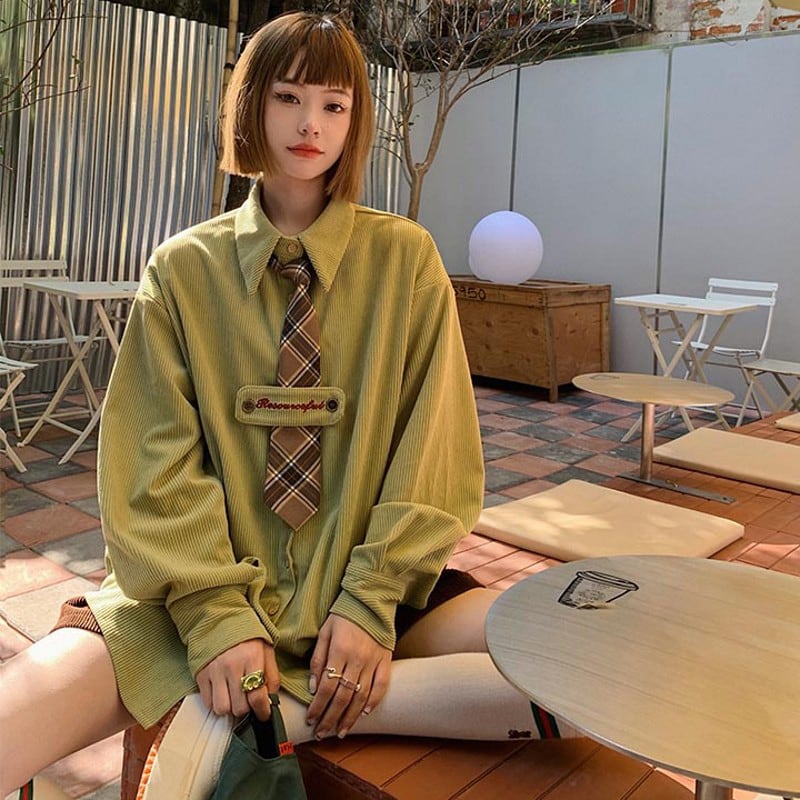 左小姐シリーズ ネクタイ付きシャツ トップス 緑or紫 2color コーデュロイ グリーン パープル 可愛い Elegant