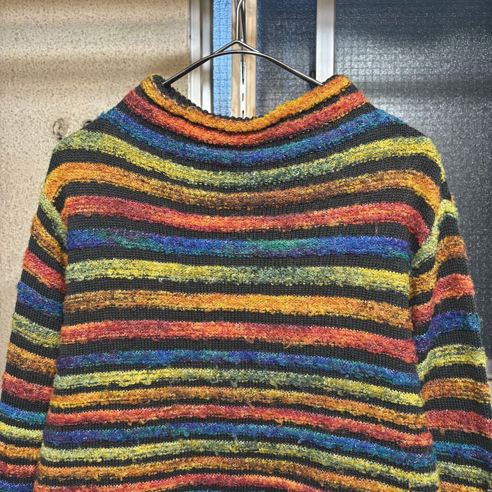 90~00s 日本製 ARRONE アローネ モックネック マルチカラー ボーダー ニット セーター シャギーニット デザインニット ジャパンヴィンテージ ビンテージ 古着 レディース M相当