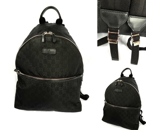 GUCCI 　グッチ　GG柄　GGキャンバスナイロン  シマ レザー　リュック　バックパック　 メンズ　ブラック
