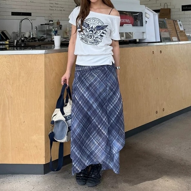 ワンショルダーレトロエンブレムグラフィックTシャツ 2col R02446