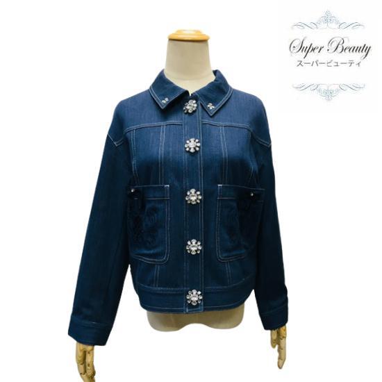 スーパービューティー Super Beauty パッチワーク刺繍 ストレッチデニムジャケット ネイビー L Ll 42 44 大人かわいい服 Gold Smith