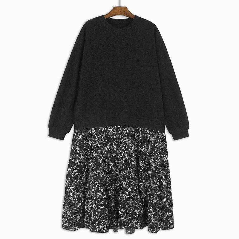 FAKE-2-PIECE ROUND NECK A-LINE MIDI PULLOVER DRESS 2colors M-14797