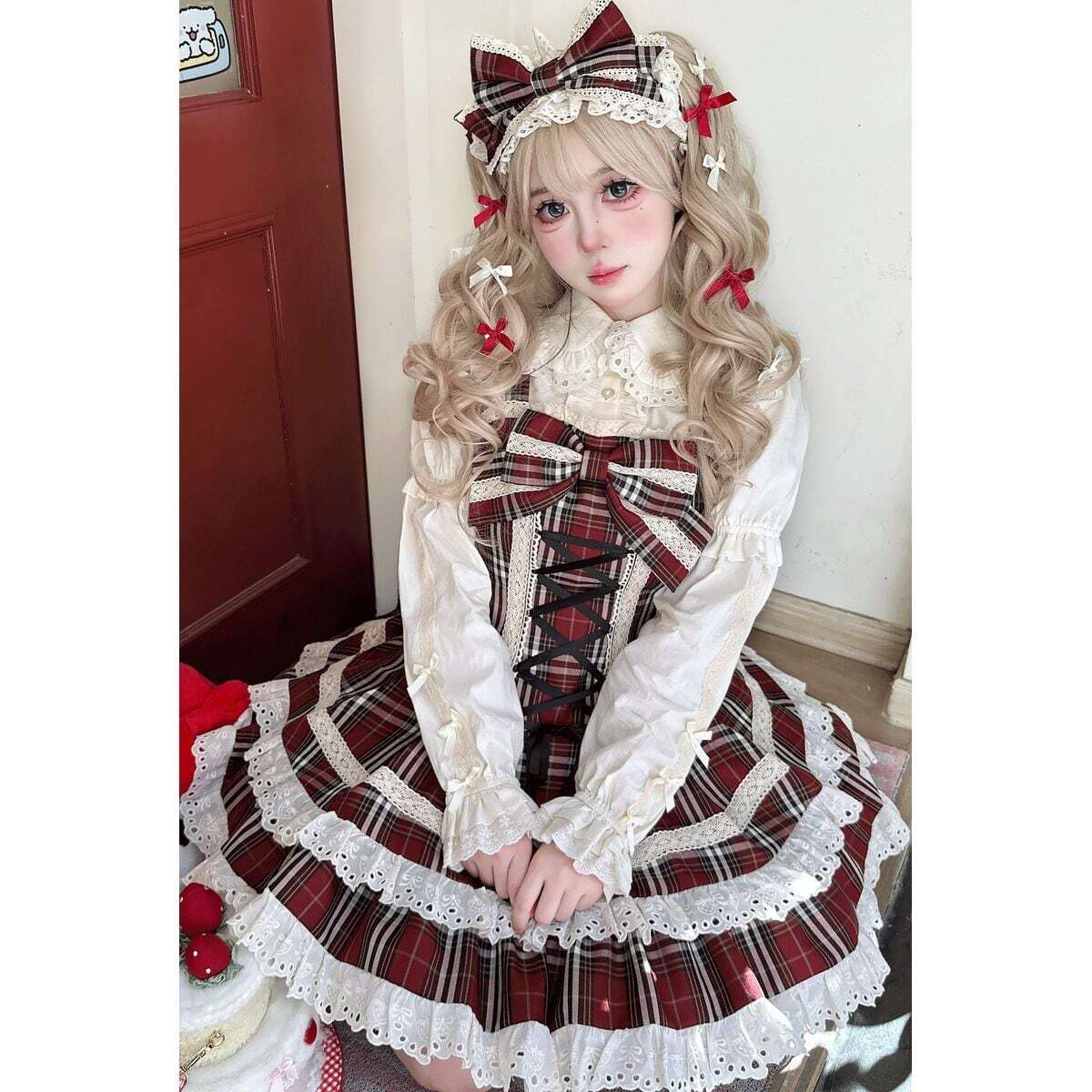 地雷系量産型 / 甘ロリ】クラシカルチェック柄リボンJSK – レース