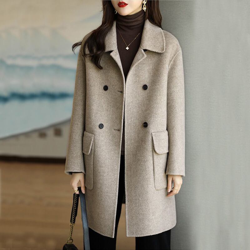初回送料無料 秋冬の新作 厚いツイードミディアムのゆったりコート ファションコート