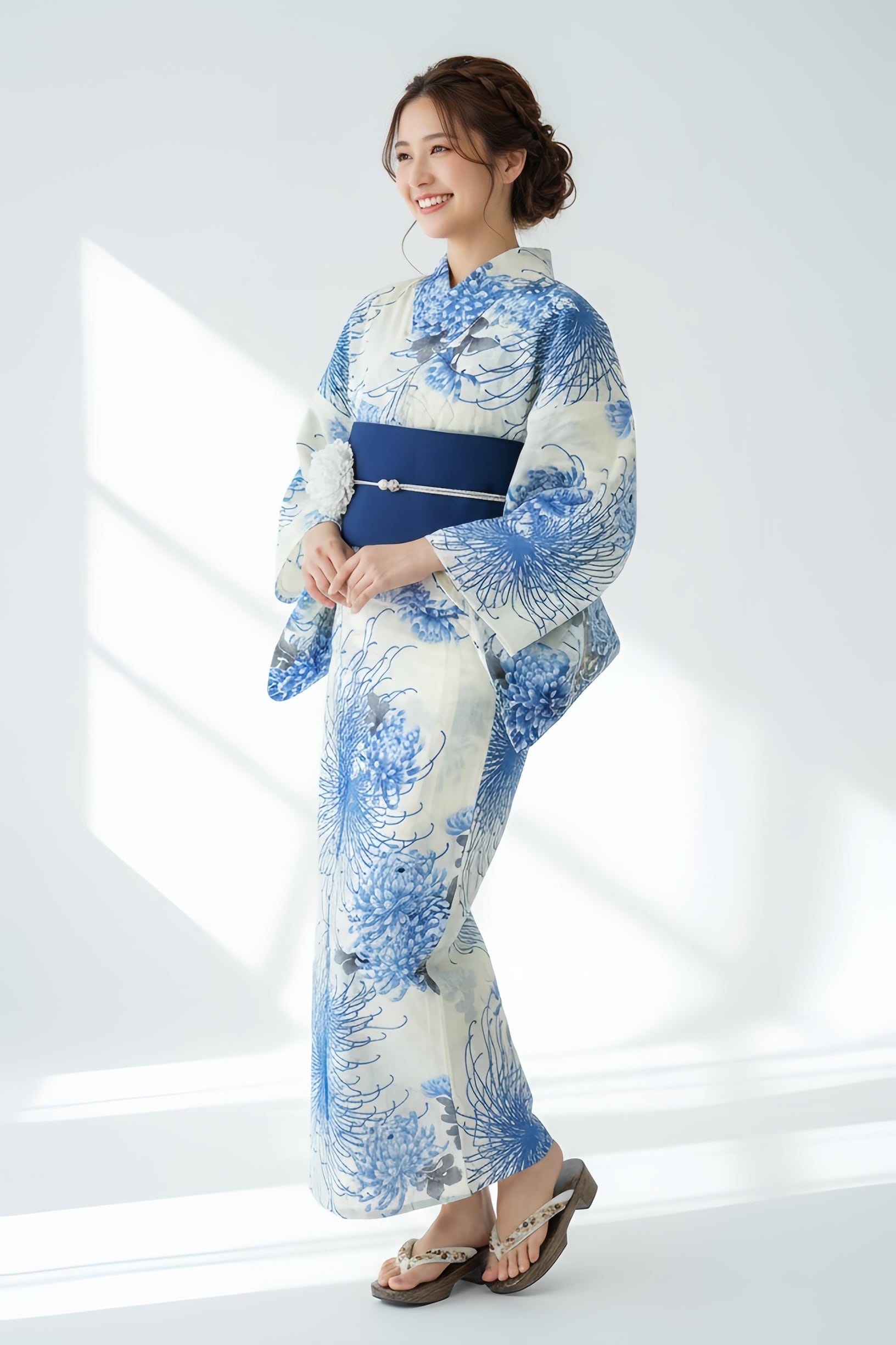 浴衣ジェンヌ 浴衣5点セット 菊 オフホワイト 青 二部式 セパレート浴衣 半幅帯 ゆかた 浴衣セット