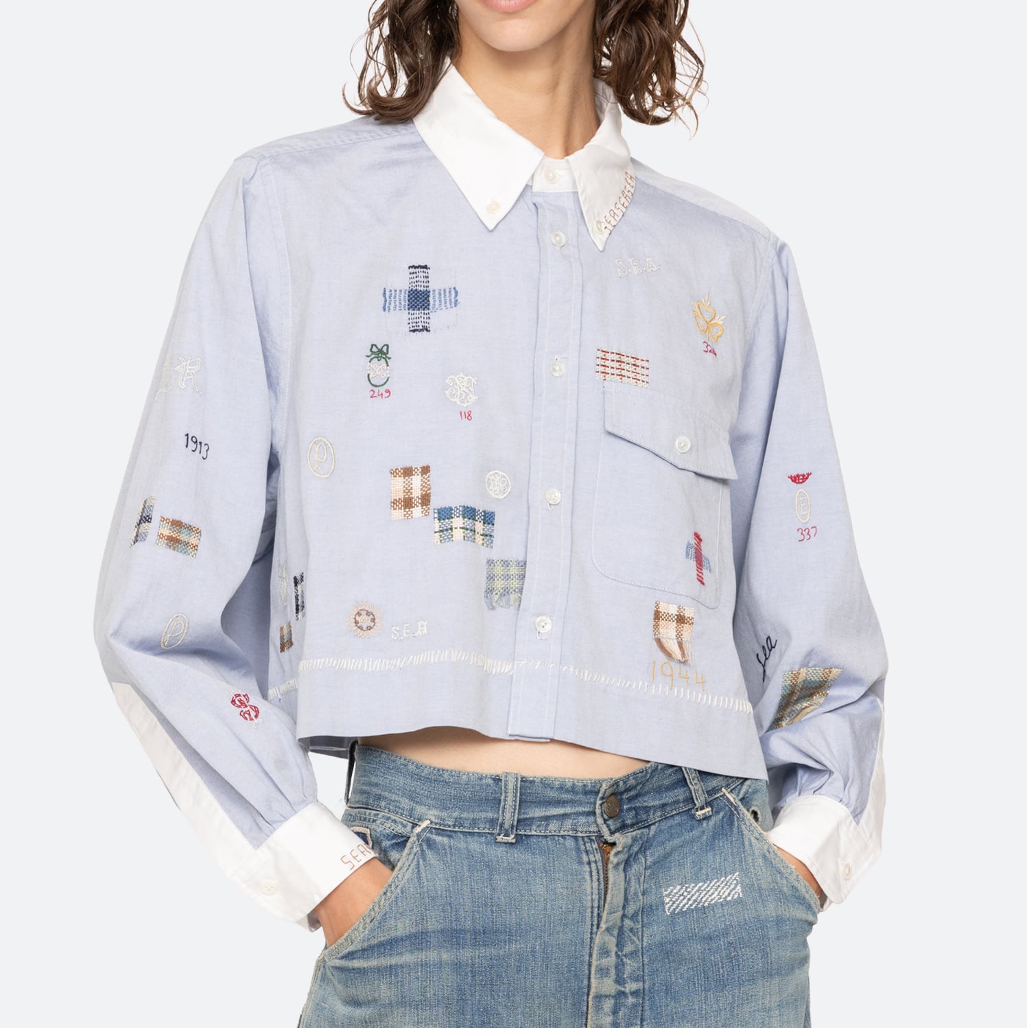 SEA NY CLAIRA EMB BUTTON DOWN BLUE