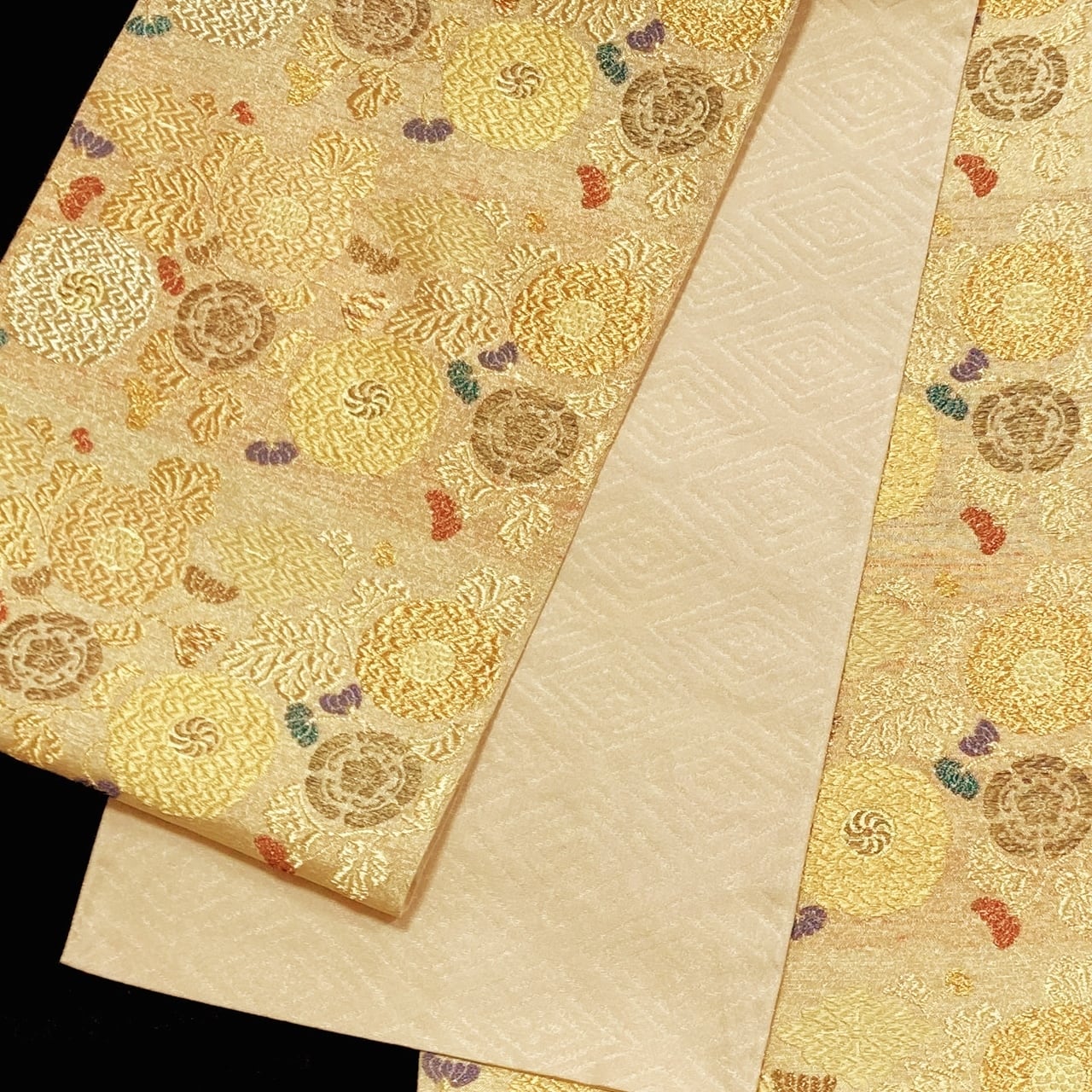 日本産 水色 紗の六通袋帯▫白地に銀、薄緑、ピンクで萩、桔梗模様▫芯