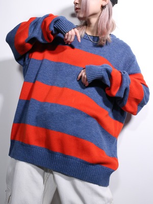 "LAND'S END" blue ×orange good coloring border cotton knit