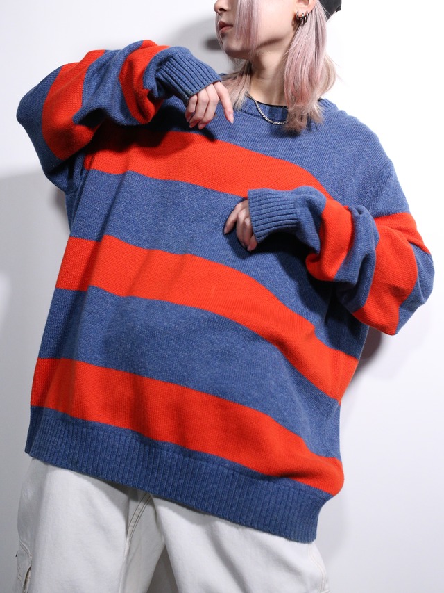 "LAND'S END" blue ×orange good coloring border cotton knit