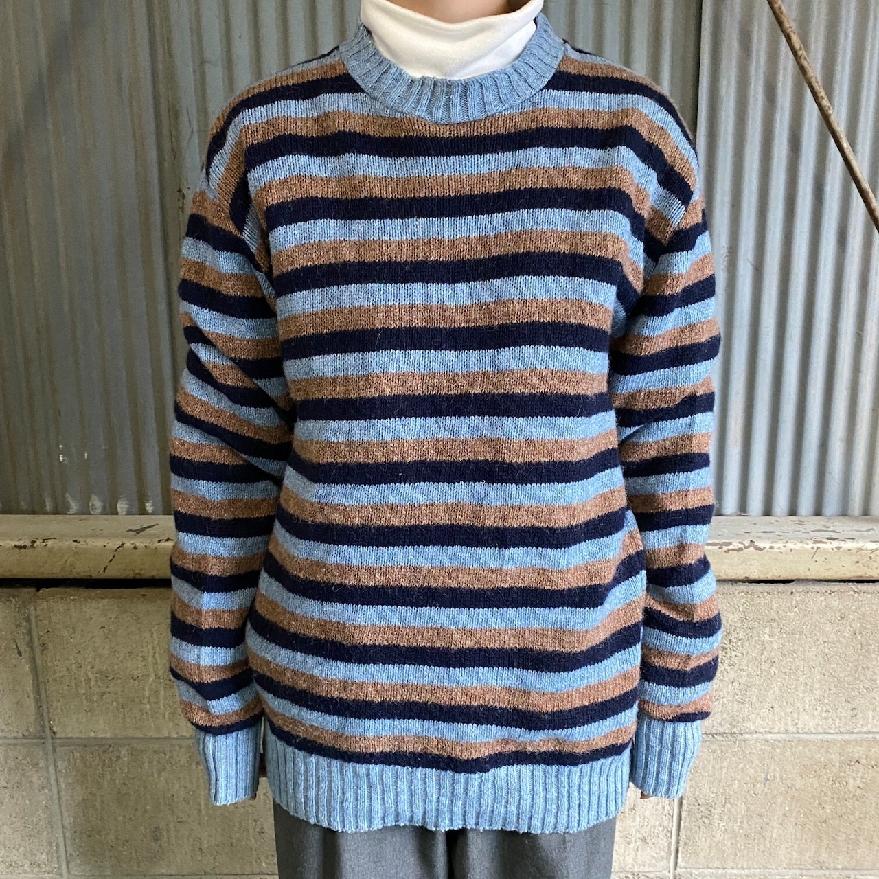 USA製 〜90年代 VAN HEUSEN ボーダー柄 ウールニットセーター メンズL 