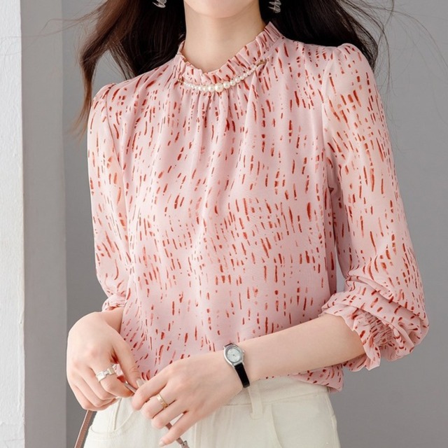 Stand collar elegant pearl stitch slim shirt
