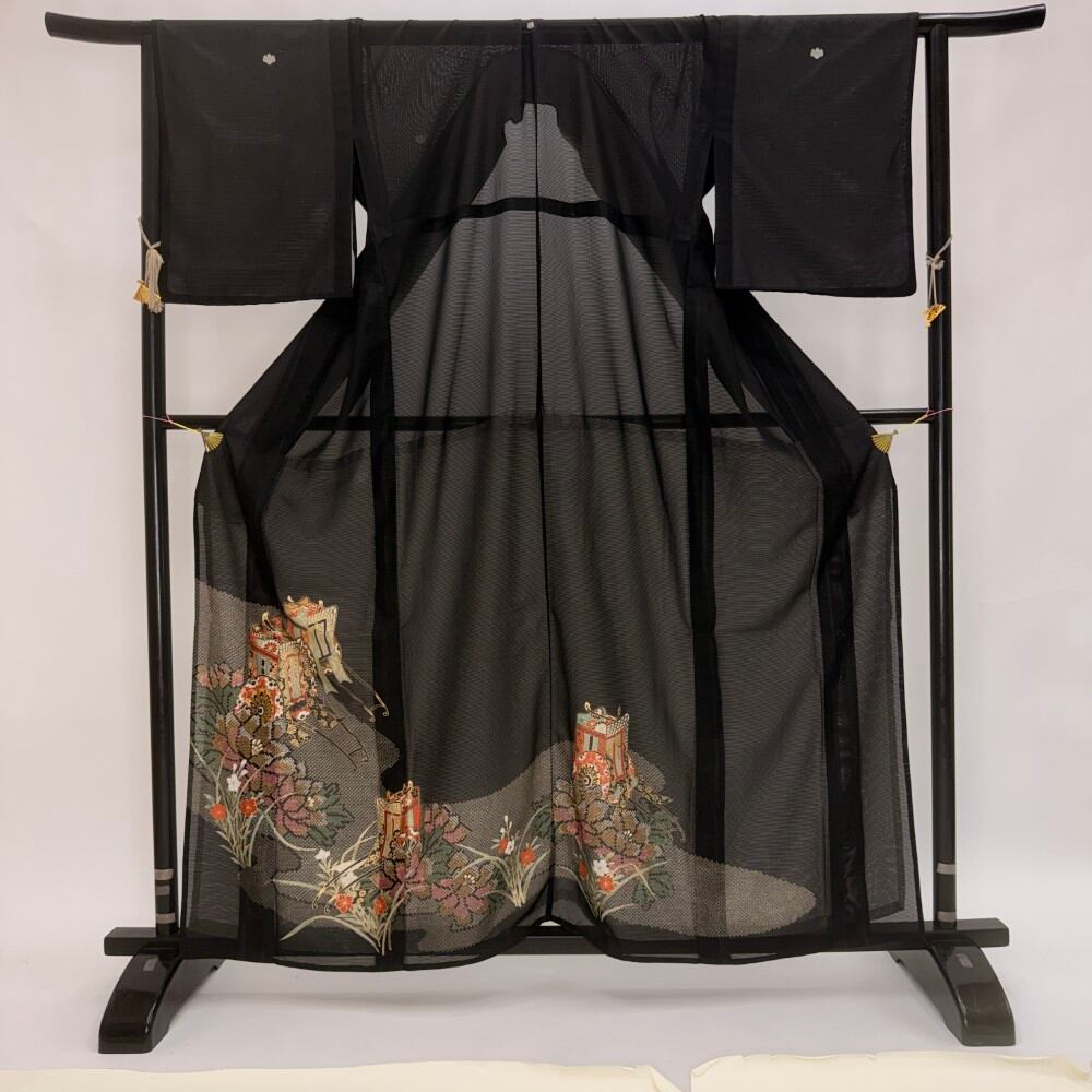 黒留袖 絽 夏物 夏黒留袖 裄66.2cm M サイズ リサイクル着物 安い リメイク 中古 礼装 ポリエステル リユース 5966