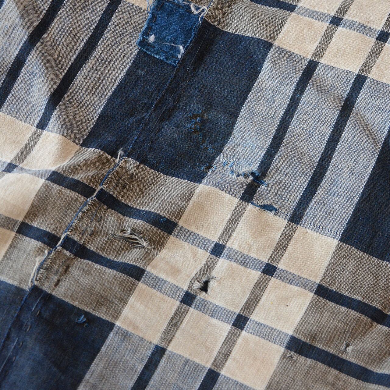布団皮 木綿 藍染格子×縞模様 古布 リメイク素材 襤褸 ジャパン