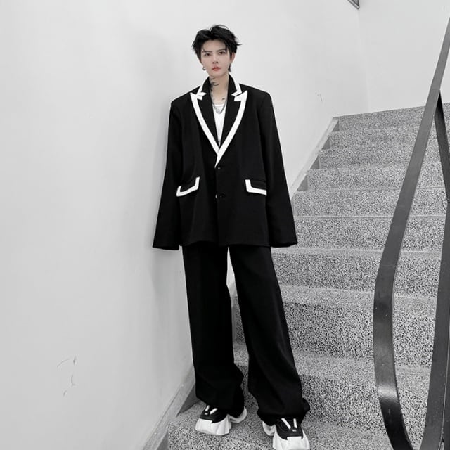 セットアップ パンツ ジャケット モノトーン 韓国 予約販売】メンズ スーツ ブラック ホワイト 白 黒 モノクロ