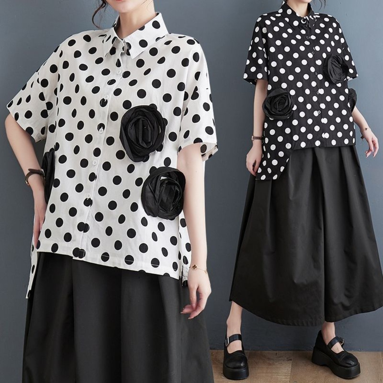 ドット&立体ローズ シャツ  30059