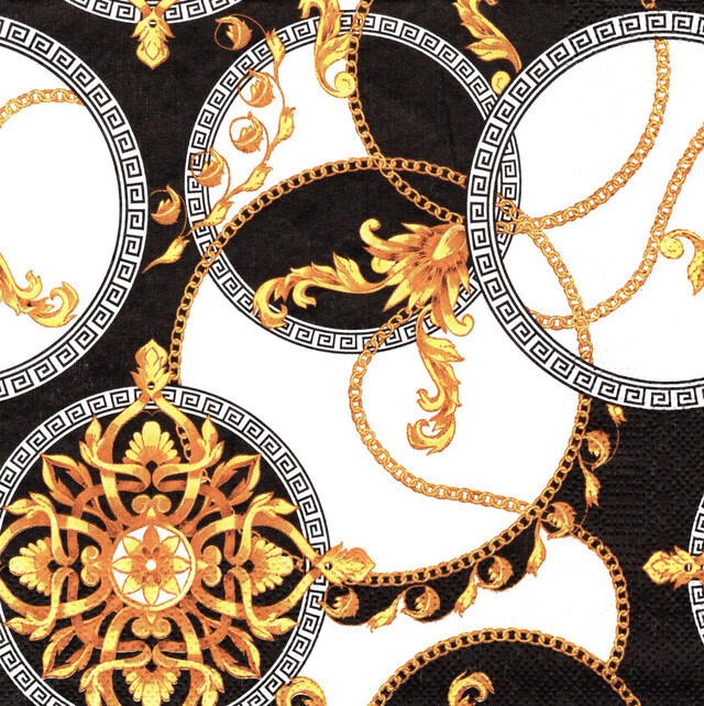 2021春夏【Daisy】バラ売り2枚 ランチサイズ ペーパーナプキン Golden Barocco Rosettes in Circles ブラック