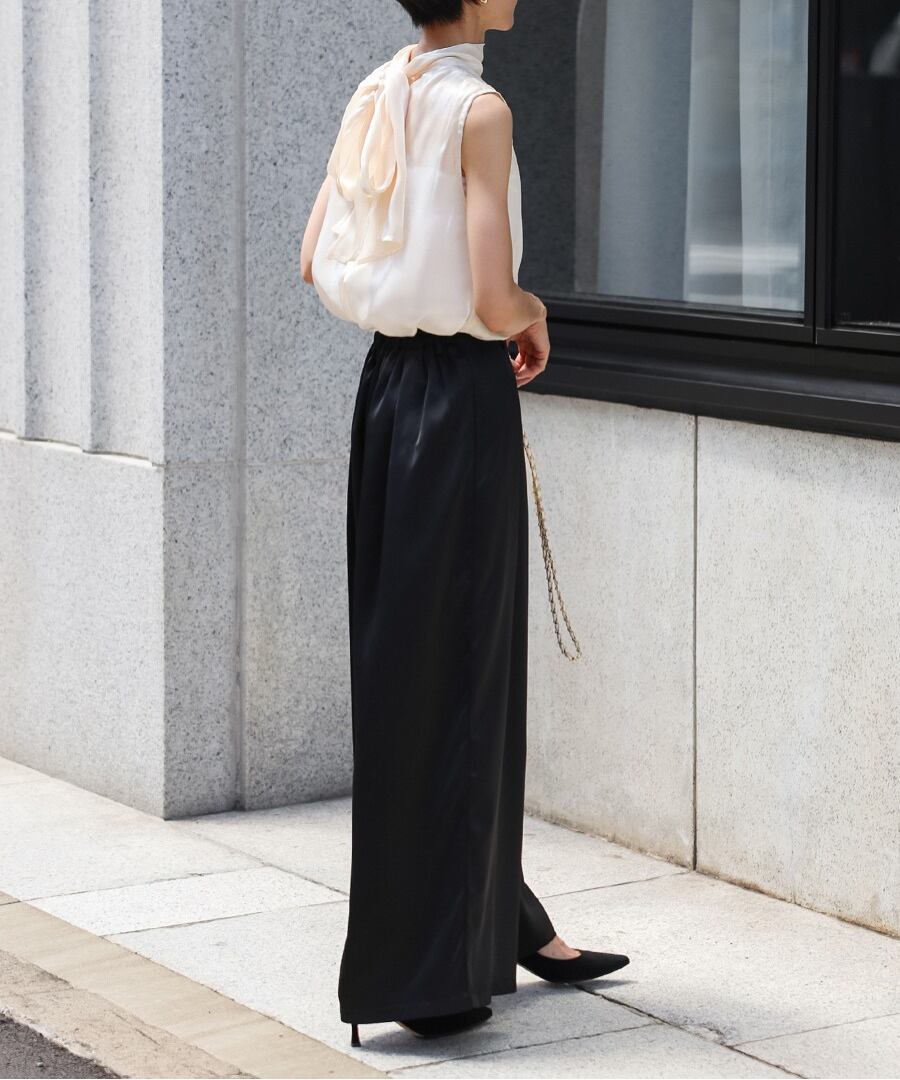 2WAYリボンオーガンジブラウス×サテンタックワイドパンツセットアップ【s-40020】.