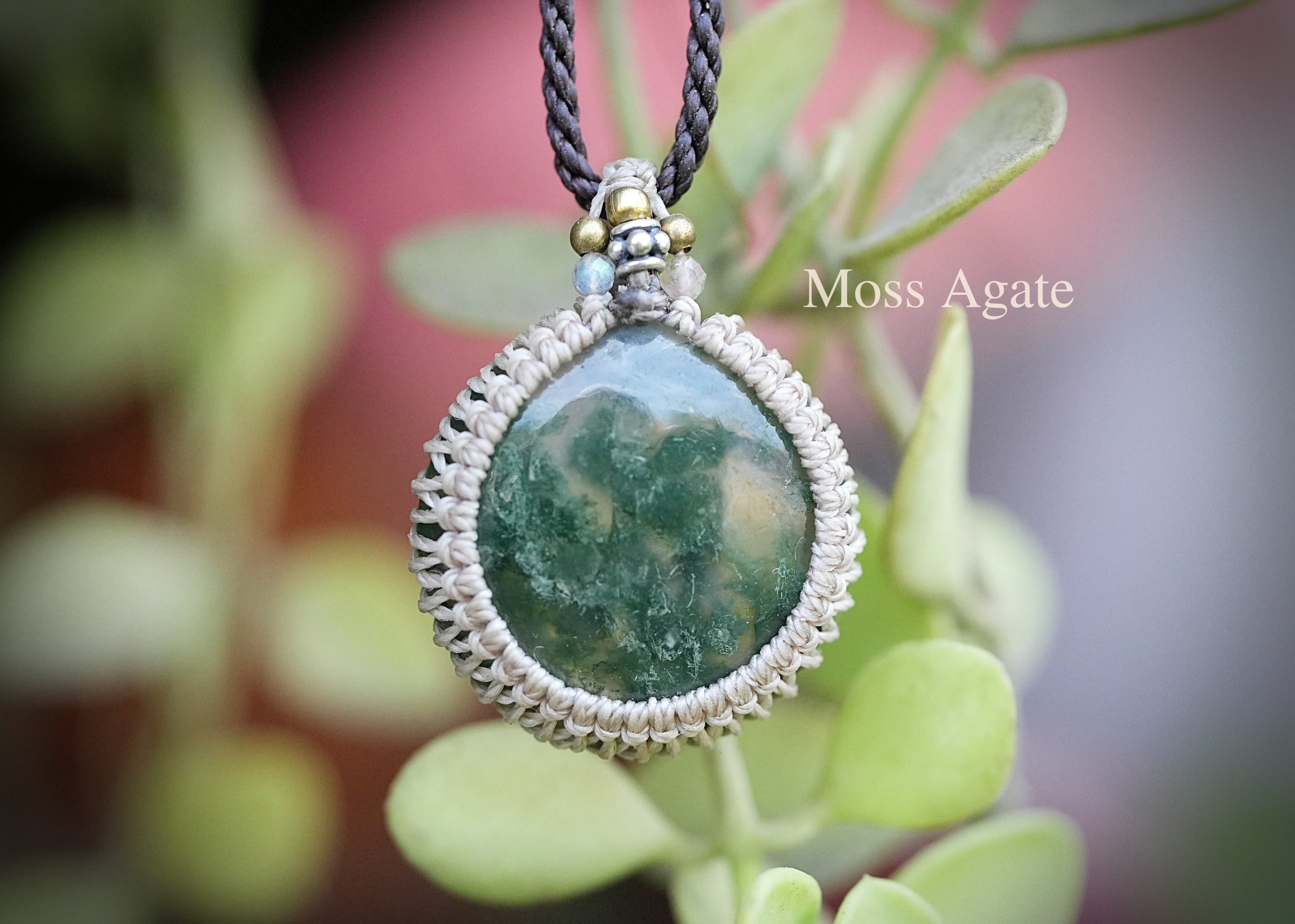 緑のもずく★モスアゲートマクラメネックレス 1904