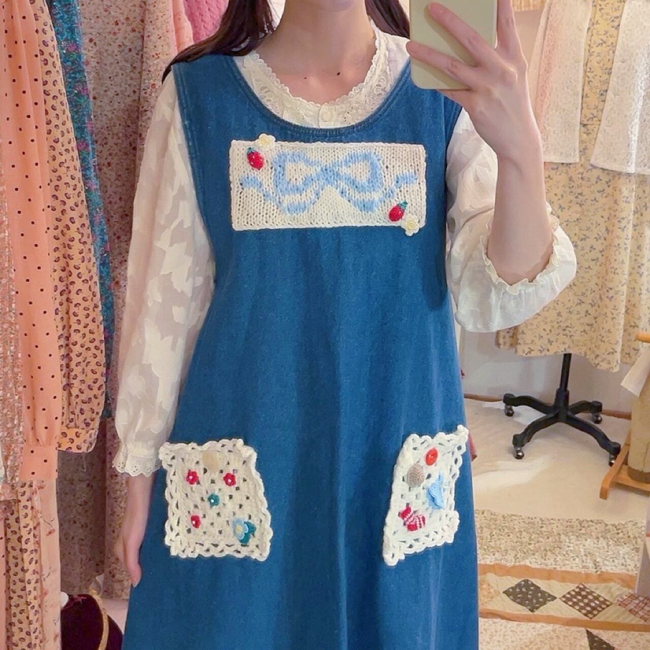 remake ✂︎ blue ribbon frill pocket jumper skirt
