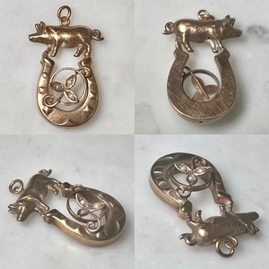 antique victorian 9ct gold lucky pendant with seed pearl " pig & horseshoe "