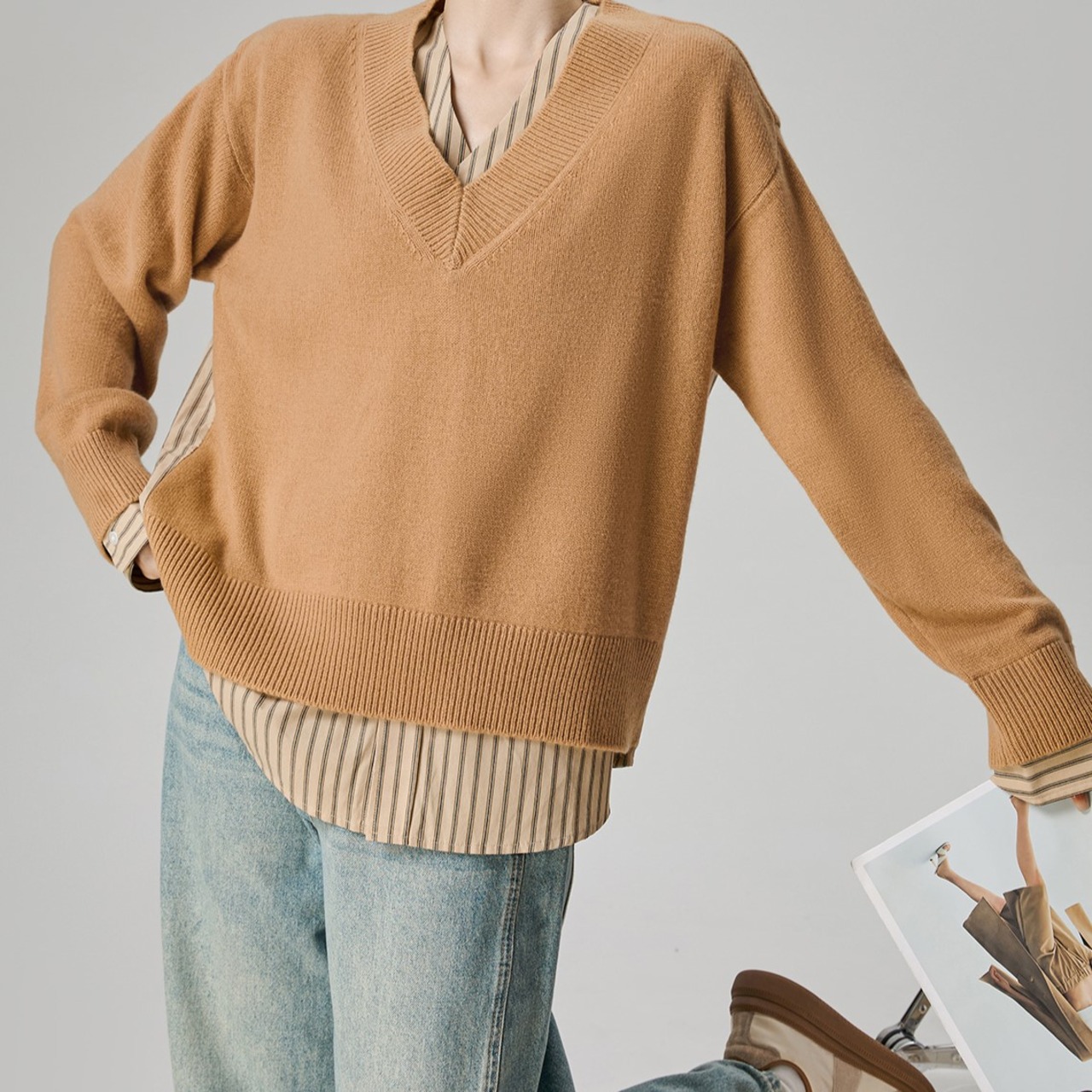 ベージュストライプパッチワークニット H0061