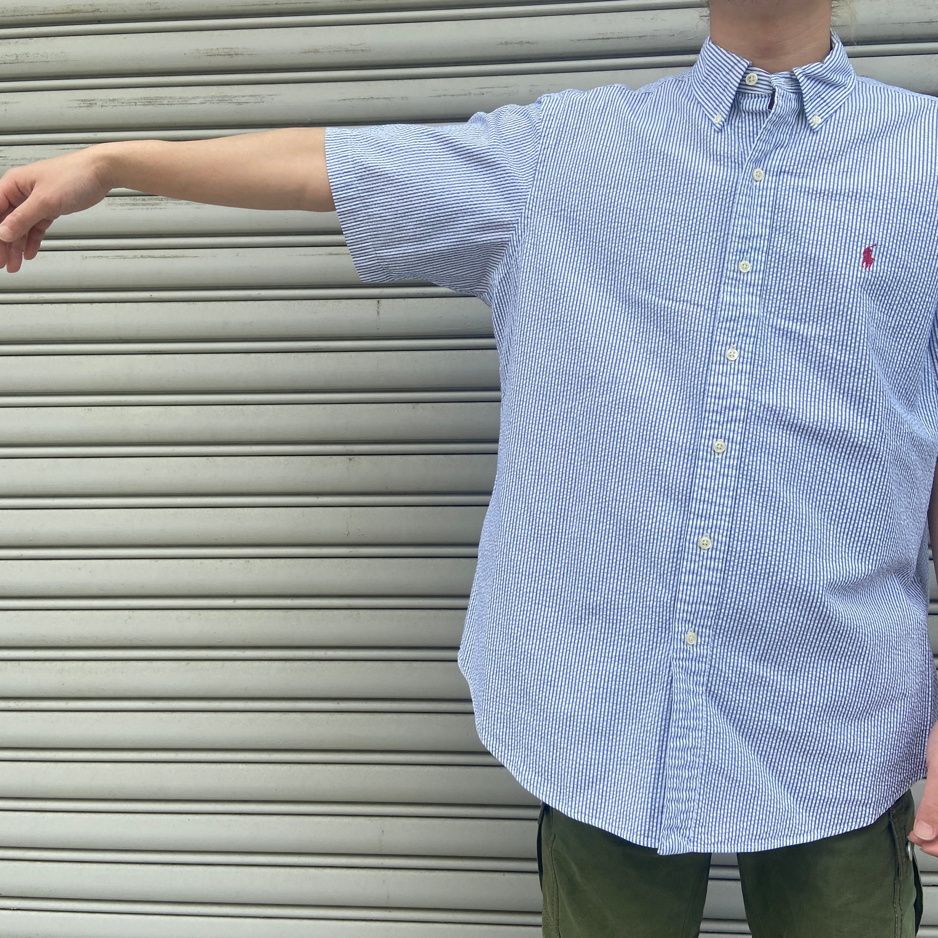 90s Ralph Lauren シアサッカー地半袖ストライプシャツ L | 古着屋 Uan