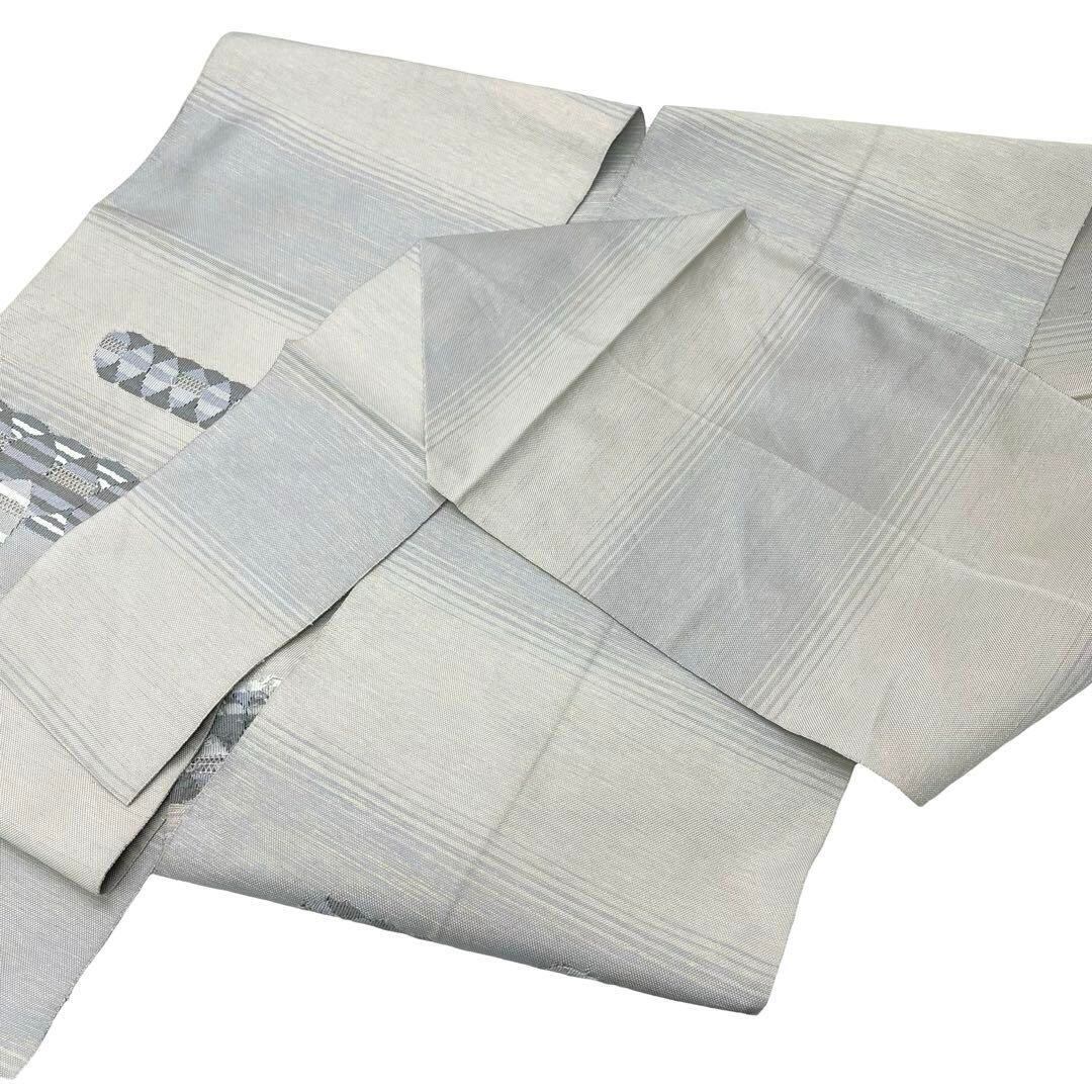 名古屋帯 抽象模様 丸繋ぎ 薄灰色 金糸 長尺 カジュアル O-4277