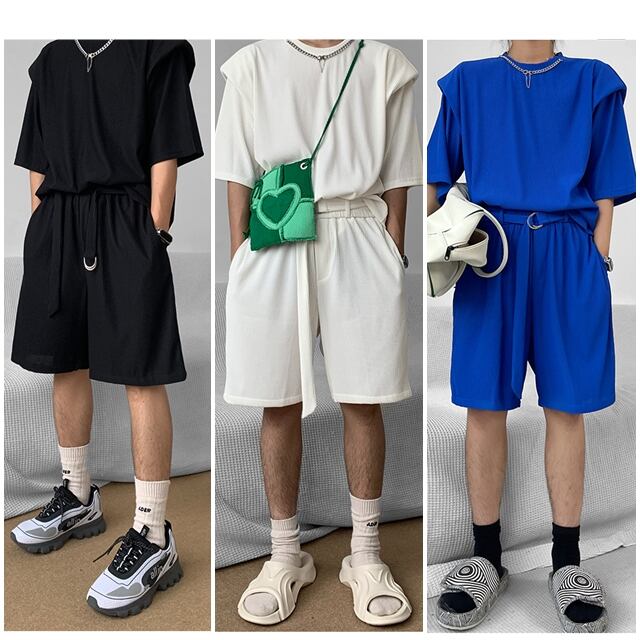 【予約販売】メンズ セットアップ 上下 リブ モード シック 無地 シンプル 五分袖 ハーフパンツ ストリート ブラック ホワイト ブルー 韓国 スポーツウエア カジュアル 春 夏 大きいサイズ M/L/XL/2XL