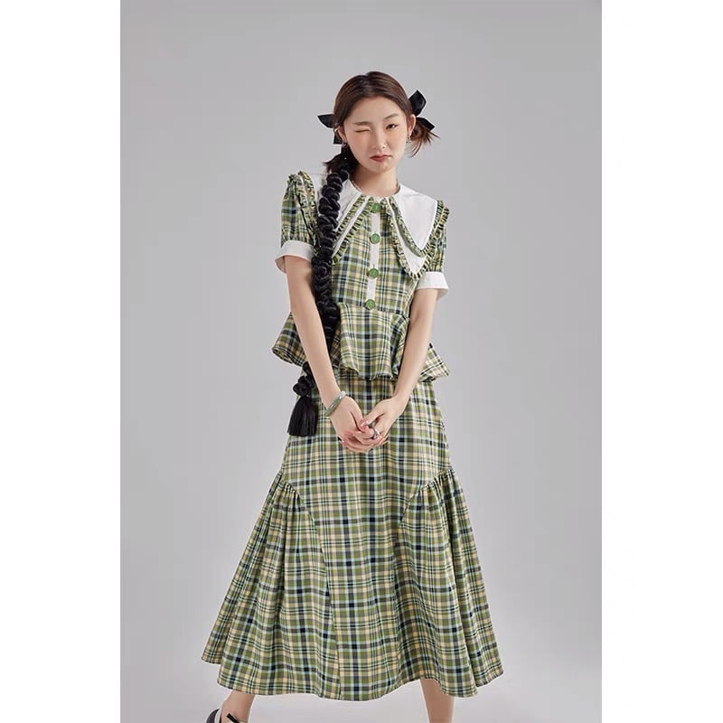 セットアップ】緑 チェック ガーリー 丸襟 チェック ガーリー 可愛い