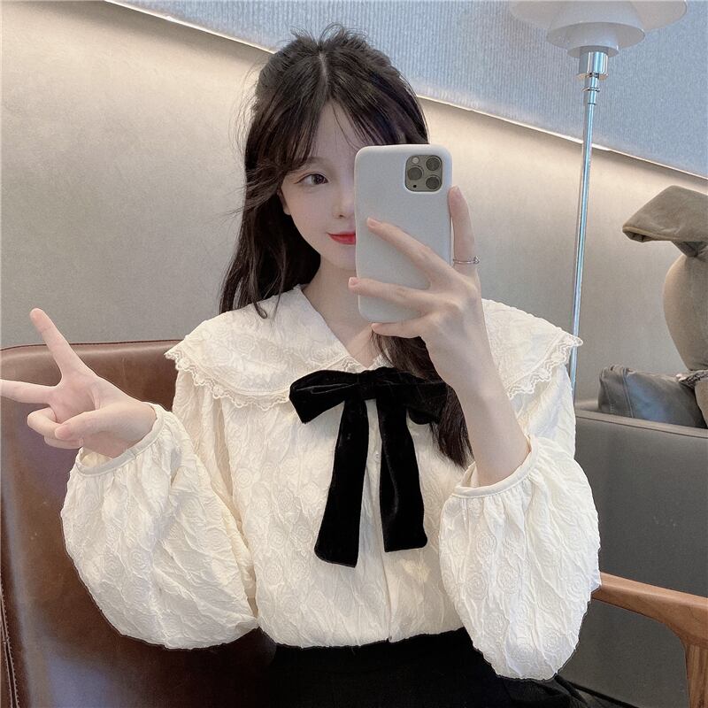 シャツ オータムトップス カラーリボンルーズ ロング 秋物 1号婦人82765048392