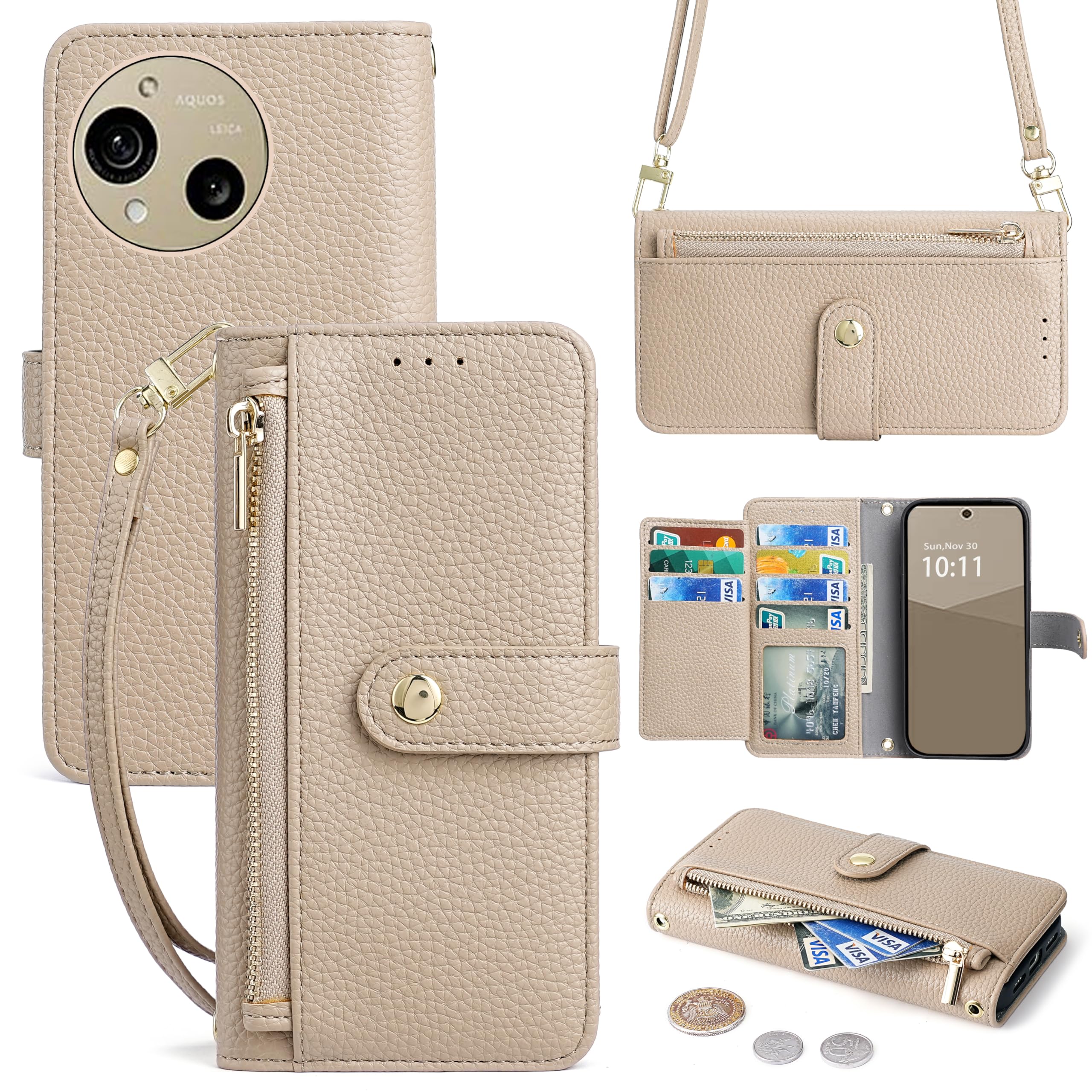 Vokpok対応 AQUOS R10/R9 SH-51F/A401SH/SH-51E/SH-M28 通用 ケース 手帳型 ショルダー 強力マルチカード収納 スタンド機能 アクオス R9/R10 財布型ケース 肩掛け斜めがけ手首かけ、掛けストラップ付きおしゃれ実用性 ジッパー小銭入れ Aquos r9 スマホケース PUレザー ある滑らかな手触り アクオス r10 ケース,アプリコット