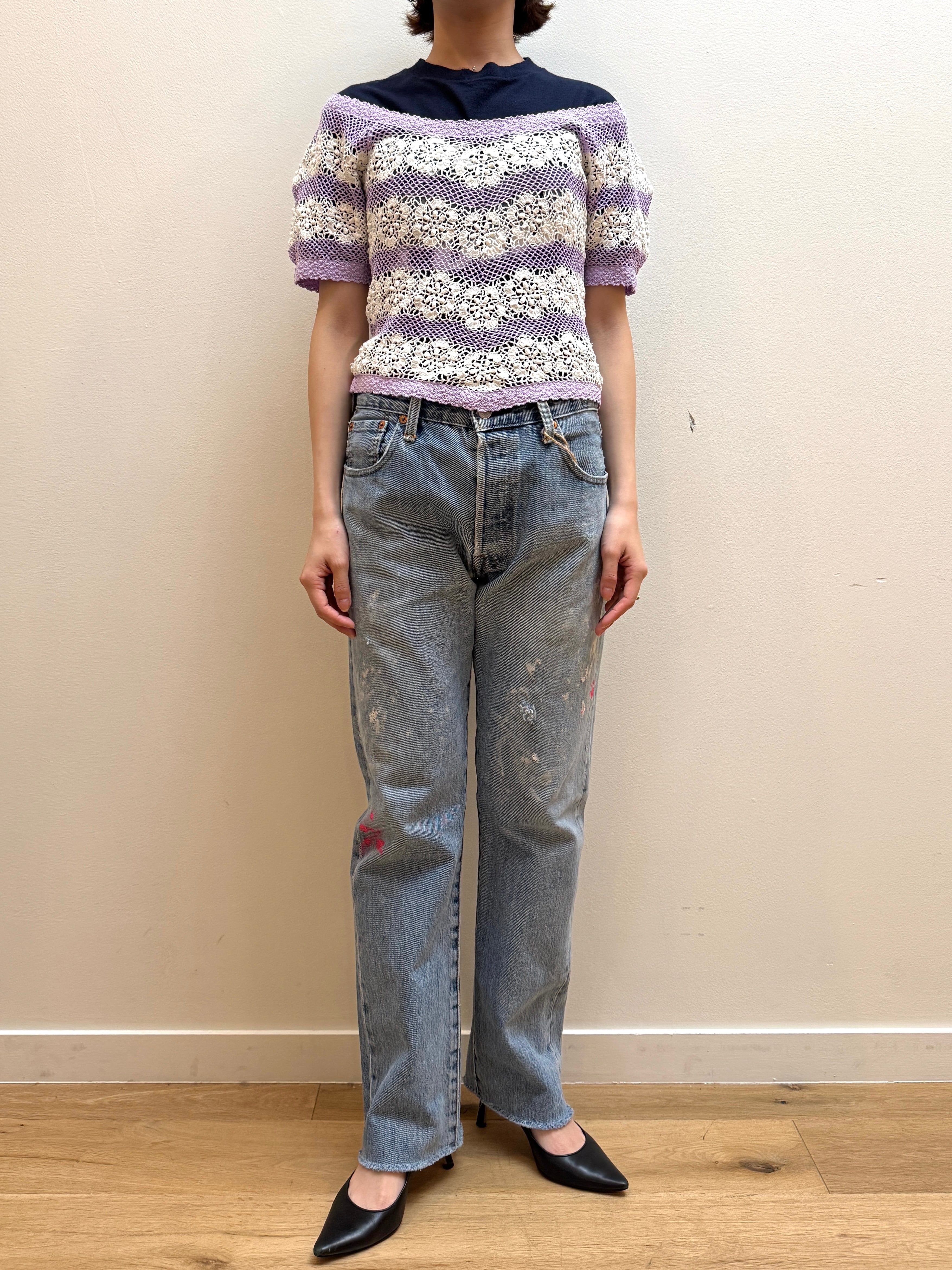 CU11-18 USED CROCHET BORDER TEE -PURPLE×WHITE-