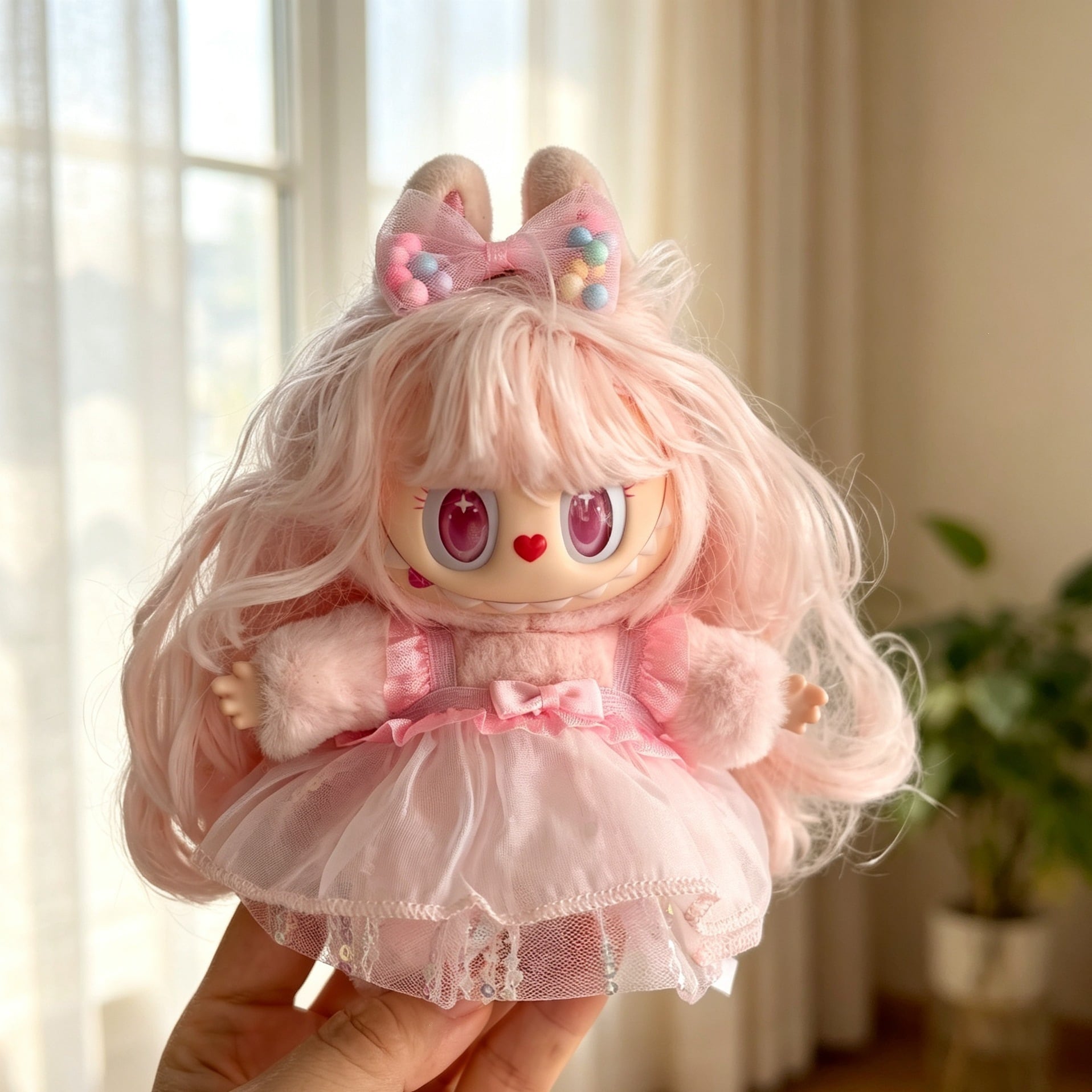 labubu 1-3代用 プリンセス風 キラキラチュールワンピース+リボンヘア