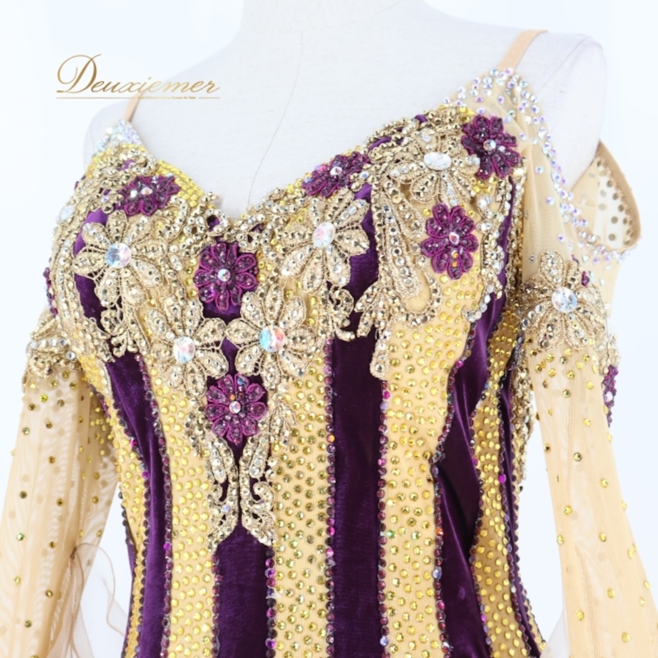 社交ダンス 衣装 スタンダードドレス ワンピース ドレス パープル系 ゴールド系 ゴールド 金 パープル 紫 グラデーション フロート レース フリル ベロア デモ 競技 ダンス パーティ 発表会 上品 高級感 ゴージャス プレゼント おしゃれ フォーマル