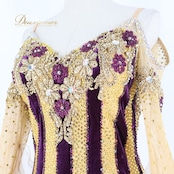 社交ダンス 衣装 スタンダードドレス ワンピース ドレス パープル系 ゴールド系 ゴールド 金 パープル 紫 グラデーション フロート レース フリル ベロア デモ 競技 ダンス パーティ 発表会 上品 高級感 ゴージャス プレゼント おしゃれ フォーマル