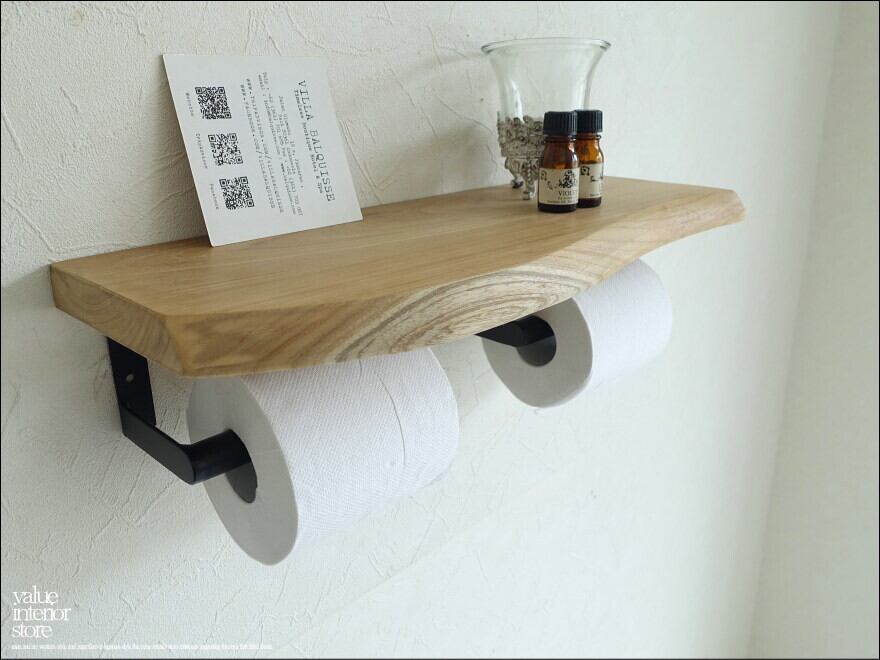 無垢材 チークトイレットペーパーホルダーN02 トレイペーパーホルダー トイレ収納 紙巻器 2連 棚 ウォールシェルフ 幅45cm