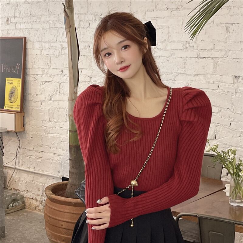 ニット スリーブスリムスタンダードレッドセーター トップス スプリングショートスタイルシャツ レトロ 春物 ブラックストロベリース20689589367