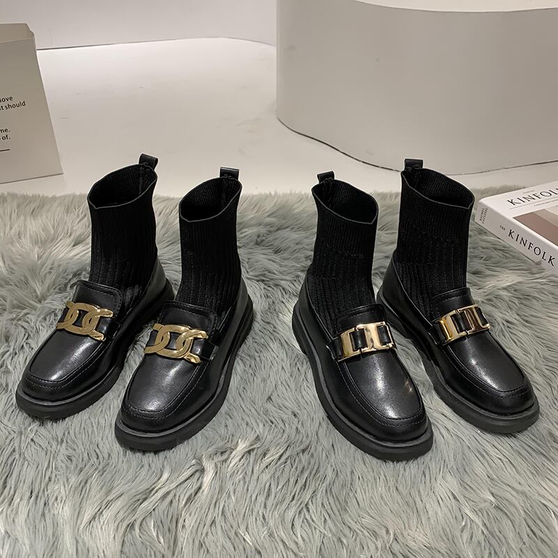 ストレッチブーツレッドカジュアルソリッド カラースリーブブラックショート 靴 シューズ エラスティック 伸縮 ソリッドカラー スクウェア フェイクシューズ24342629421