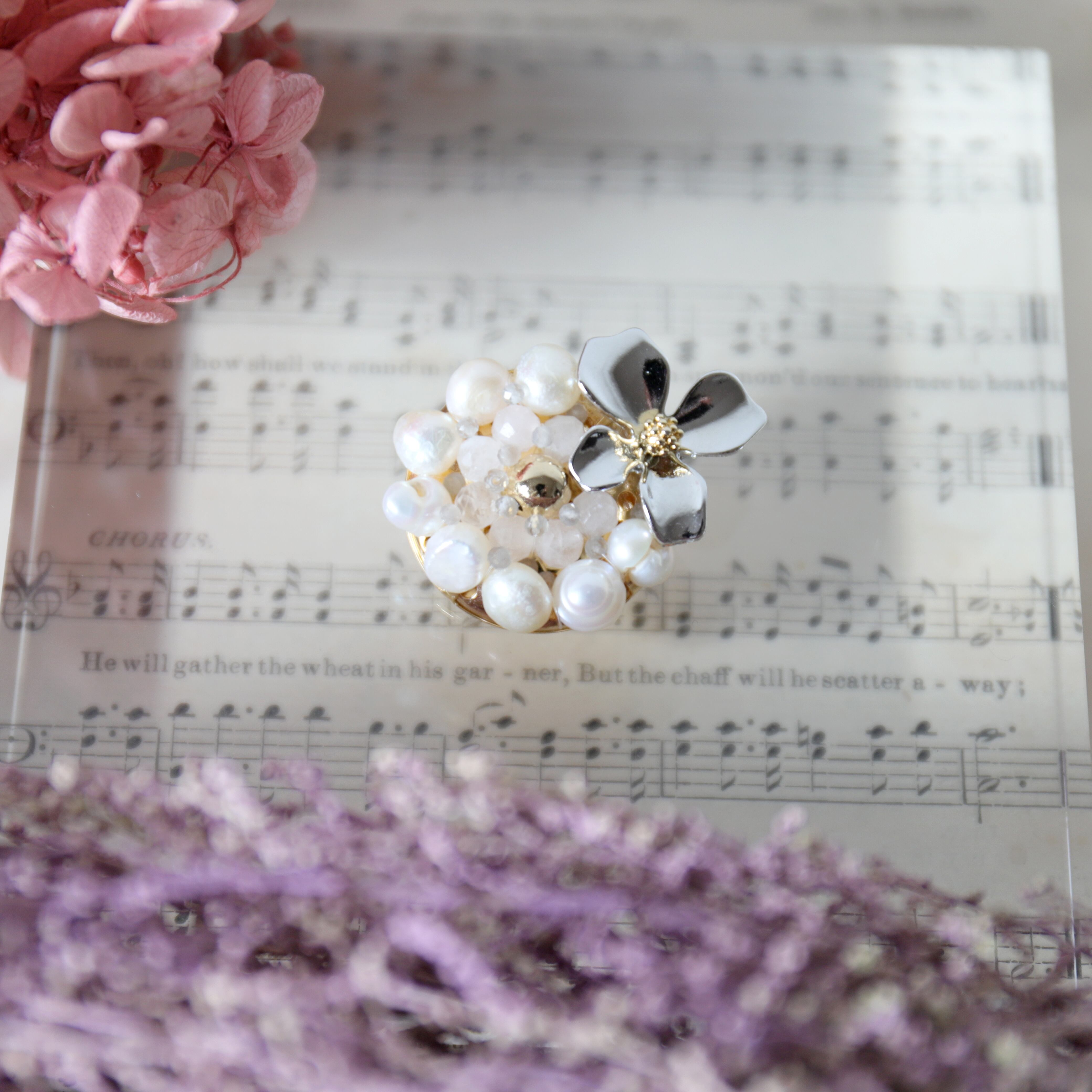 レジンヘアゴム 桜 パープル ワイヤーフラワー 個性的 春 レジン