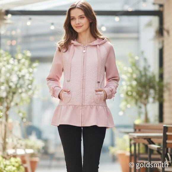 スーパービューティー パーカー キルティング ダンボールニット 2527001 ピンク 2025年秋冬 オーラボー Super Beauty 大人かわいい服 軽量 羽織り ジップアップ フリル裾 キレイメ レディース