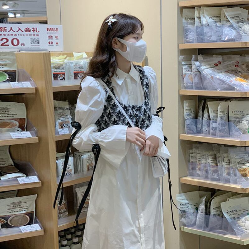 ホワイトシャツ ドレス スプリングオータムスタイルロングスカート 春物 秋物 試着室2753615856