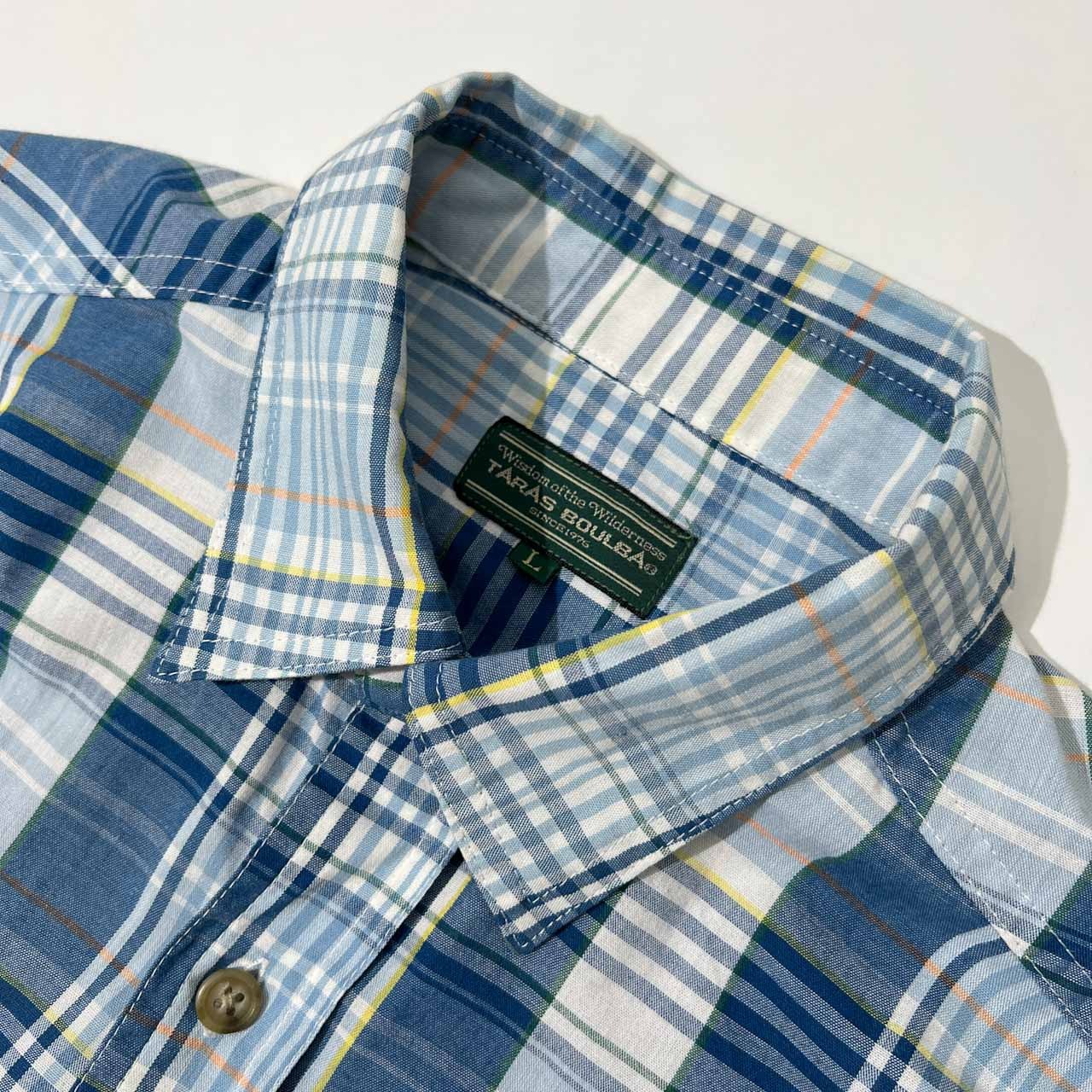 TARAS BOULBA タラスブルバ チェック柄 両胸ポケット 長袖シャツ L /ブルー水色系/メンズ/アウトドア/アシックス/日本製/薄手