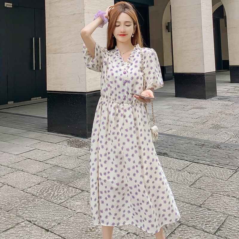 【新作】【送料無料】 マタニティウェア2020夏の新製品小さな新鮮なシフォン小さな菊のVネック母乳育児スカート、年齢を下げる中型および長い母乳育児の女性-アリババ ロング サマー 夏物 expec218607096539