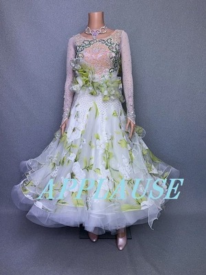 社交ダンス ドレス　スタンダード　モダンドレス　ホワイト（花柄）　L　デモ・競技用ドレス　発表会衣装　パーティドレス　ワンピース　舞台衣装