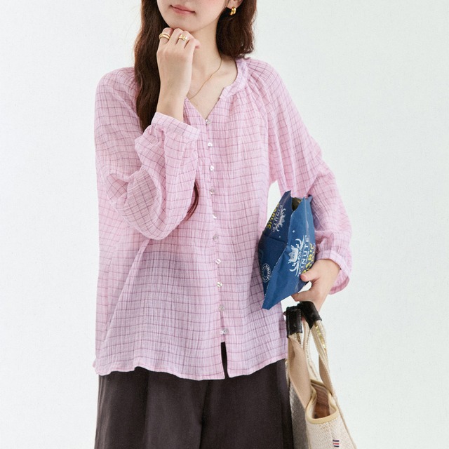 checked gathered neck blouse